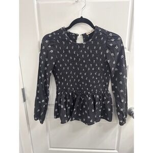 Marine Layer Black Floral Smocked Peplum Long Sleeve Blouse Top Small